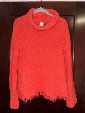 Anthropologie Orange-Red Cowl Neck Fringe Hem Sweater